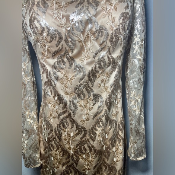 Eliza J Long Sleeve beaded overlay Champagne Dress | 4 - Picture 3 of 7